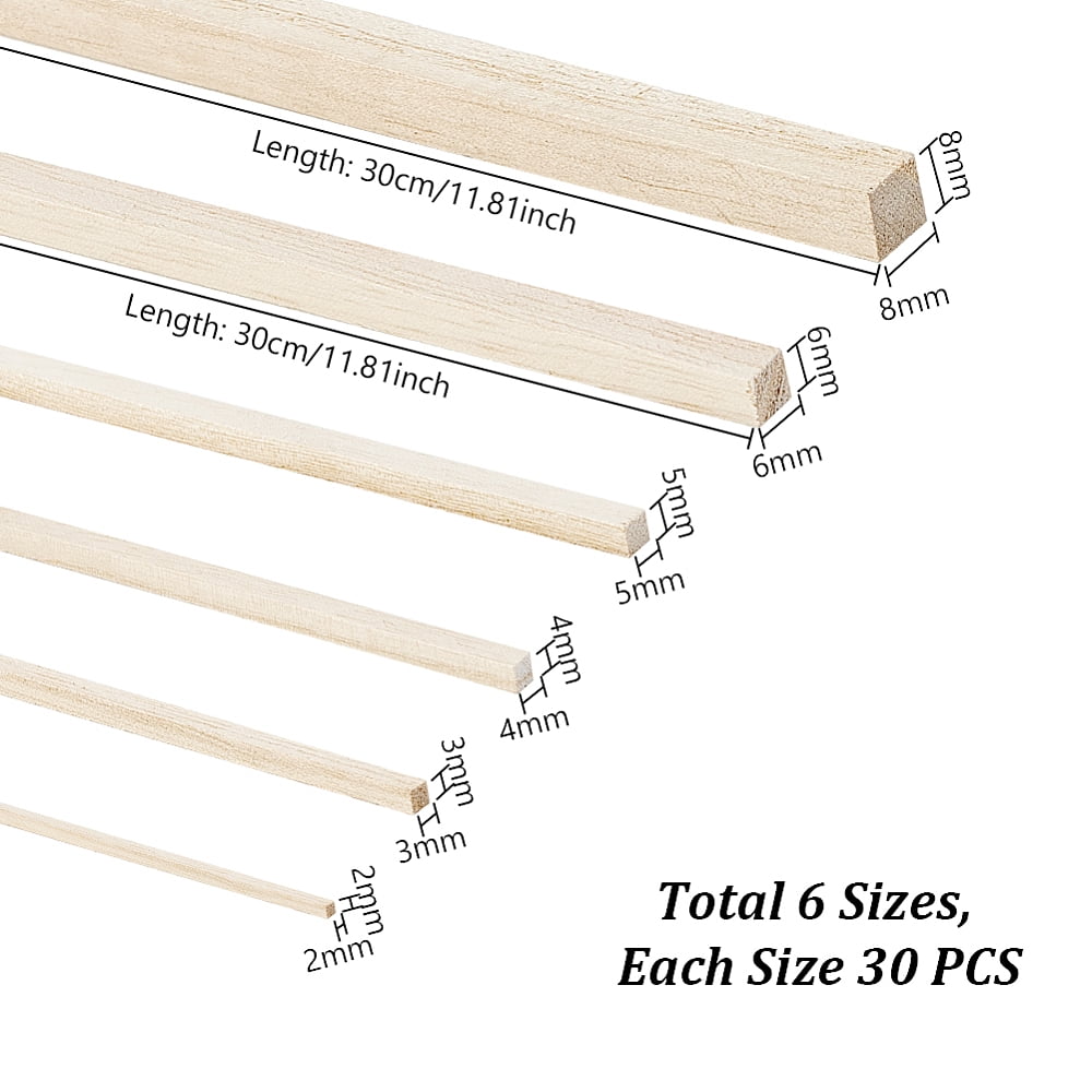 180Pcs 6 Styles Square Wood Craft Sticks White 300x2~8x2~8mm 30pcs/style
