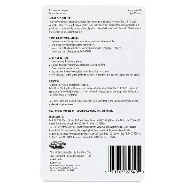 Tube of Blood and Tattoos, Halloween Make-Up for Adults, by Fun World