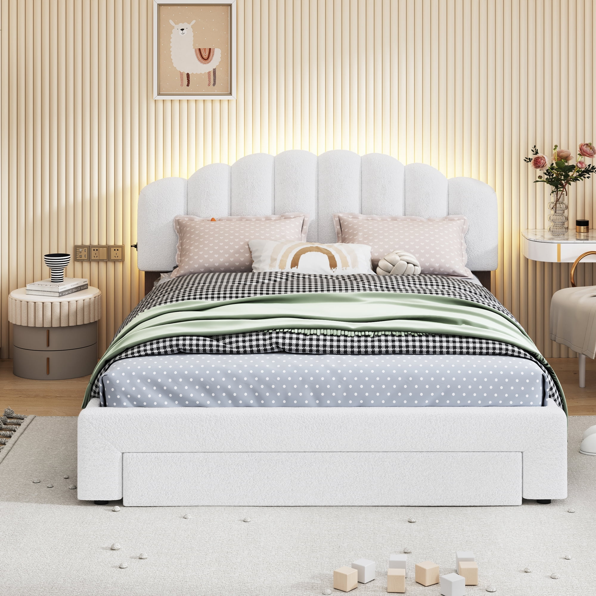 Kacho Queen Size Upholstered Platform Bed, Chic Teddy Fleece Platform Bed with Storage Drawer, Wooden Bedframe with LED Lights and USB Ports, No Box Spring Needed, for Bedroom, Guest Room, White