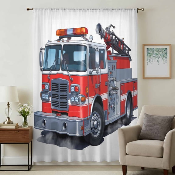 Fire Trucks Sheer Curtains 84 Inches Long, Modern Cartoons Vehicles Light Filering Curtains, Breathable Simi Curtain Privacy Drapes for Living Room Bedroom Lightweight Window Treatment