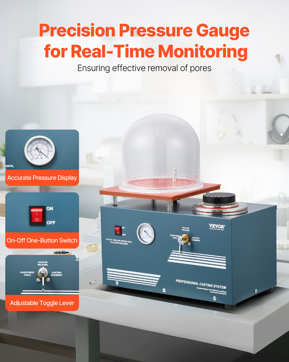 VEVOR Vacuum Investing Casting Machine, 290W Power, with 3 CFM Pump and Bell Jar, Convenient Oil Injection Port, Precision Pressure Gauge, 11 x 11 in Workbench, Casting Machine for Jewelry and Metal