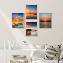 PixonSign Framed Wall Art Vibrant Orange & Blue Sunset Ocean Beach Pier Prints, Set of 4 Sea Landscape Wall Decors, Nature Wall Décor, Adhesive Canvas Poster, Modern Home Artwork - 8"x10" Natural