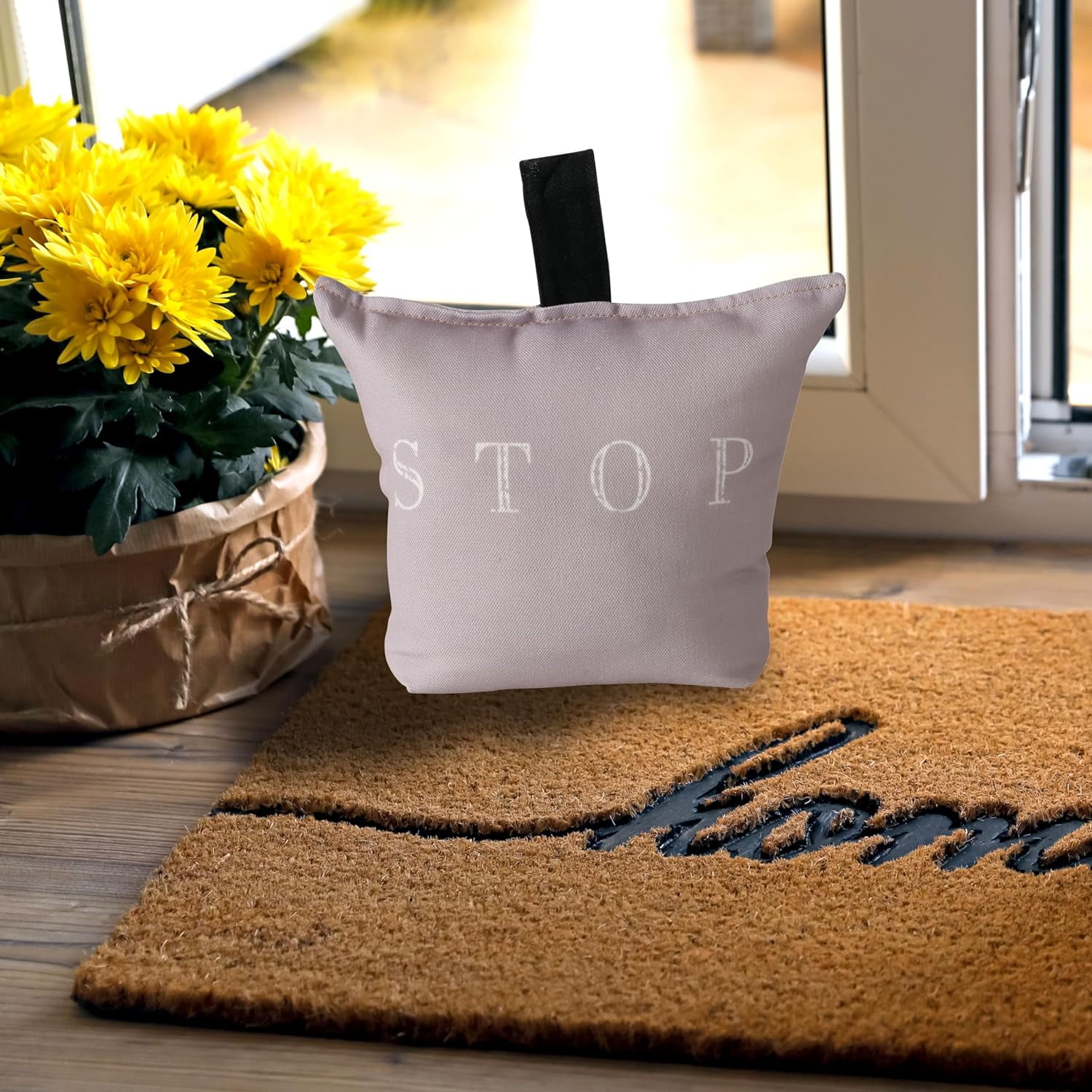 Weighted Door Stop, Pale Rosy Pink, White Letters, Polyester and Sand Filler, Loop Handle,  9 L x 4 W x 7.5 H inches, 4.5 lbs.