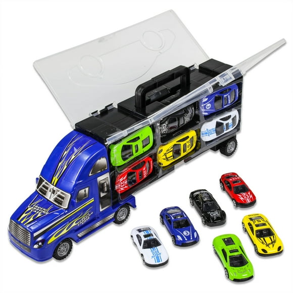 7pc Diecast Semi Truck Trailer Race Car Transporter Auto Hauler Carrier - Blue