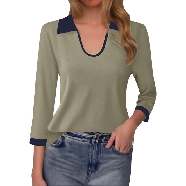 MHFRRA Camiseta de Manga Larga con Cuello En V Ajustado y Cuello En Bloque de Color para Mujer Gris