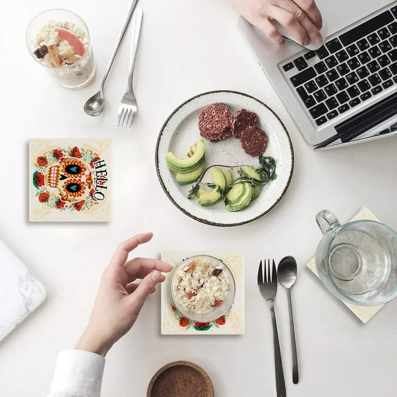 FMSHPON Hello Skull Flower Set of 4 Coaster for Drinks, Absorbent Ceramic Stone Coasters Cup Mat with Cork Base for Home Kitchen Room Coffee Table Bar Decor