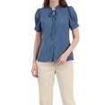 thumbnail image 1 of CAMISA DE MANGA CORTA CON LAZO PARA MUJERES INSPIRADA EN CHIC, MANGA ABULLONADA, BOTONES EN LA PARTE FRONTAL, CON INSERCIÓN DE ENCAJE Y COLLAR ALTO, TAMAÑO S, AZUL OSCURO, 1 of 6