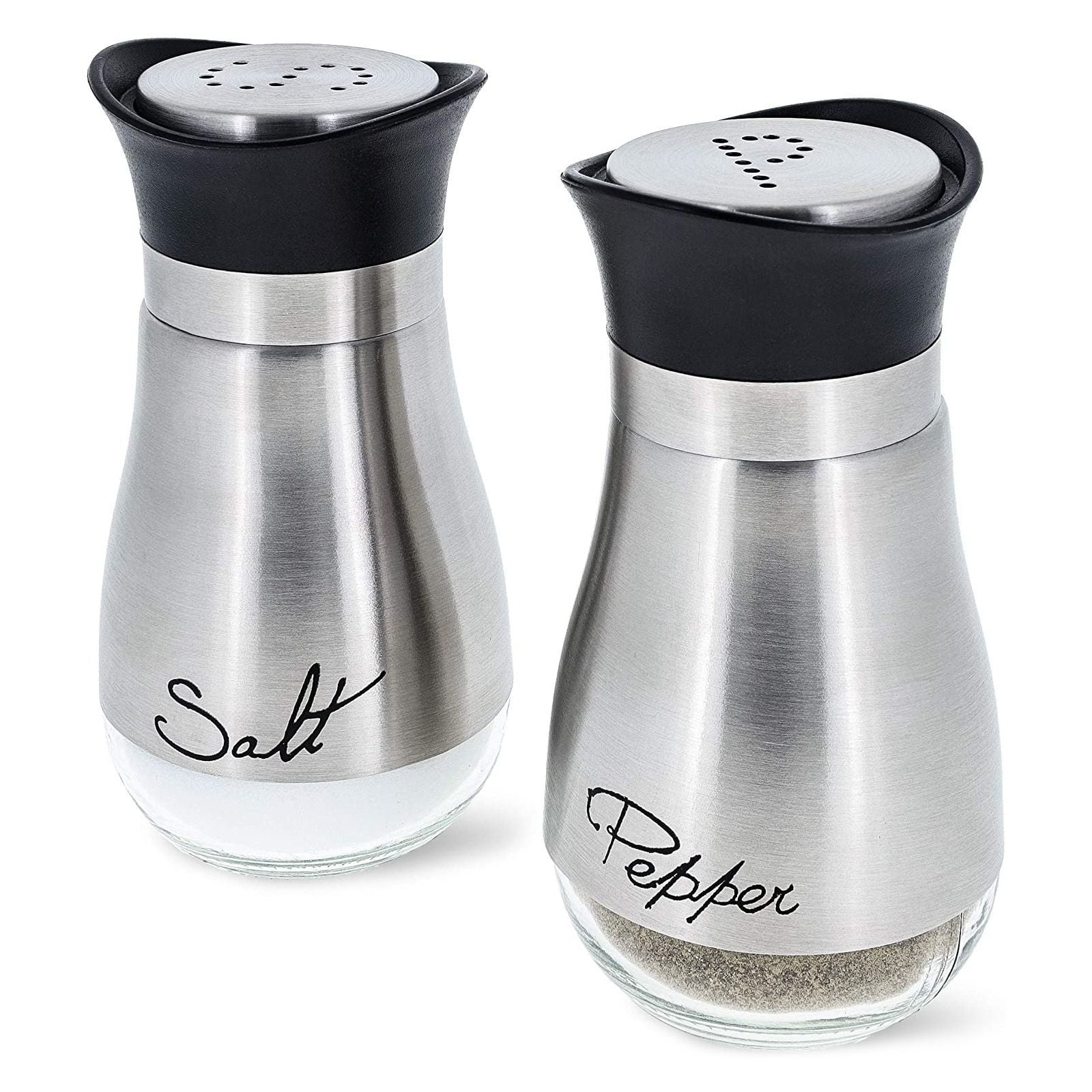 SALT AND PEPPER SHAKER SET BLACK RED AND SILVER 