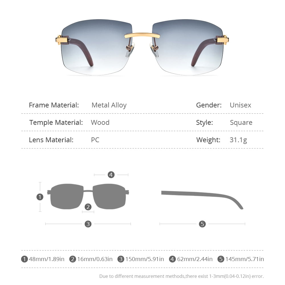 HEPIDEM Wood  Sunglasses for Men Rimless Square Wood Sun Glasses (50259 Wood Gray)
