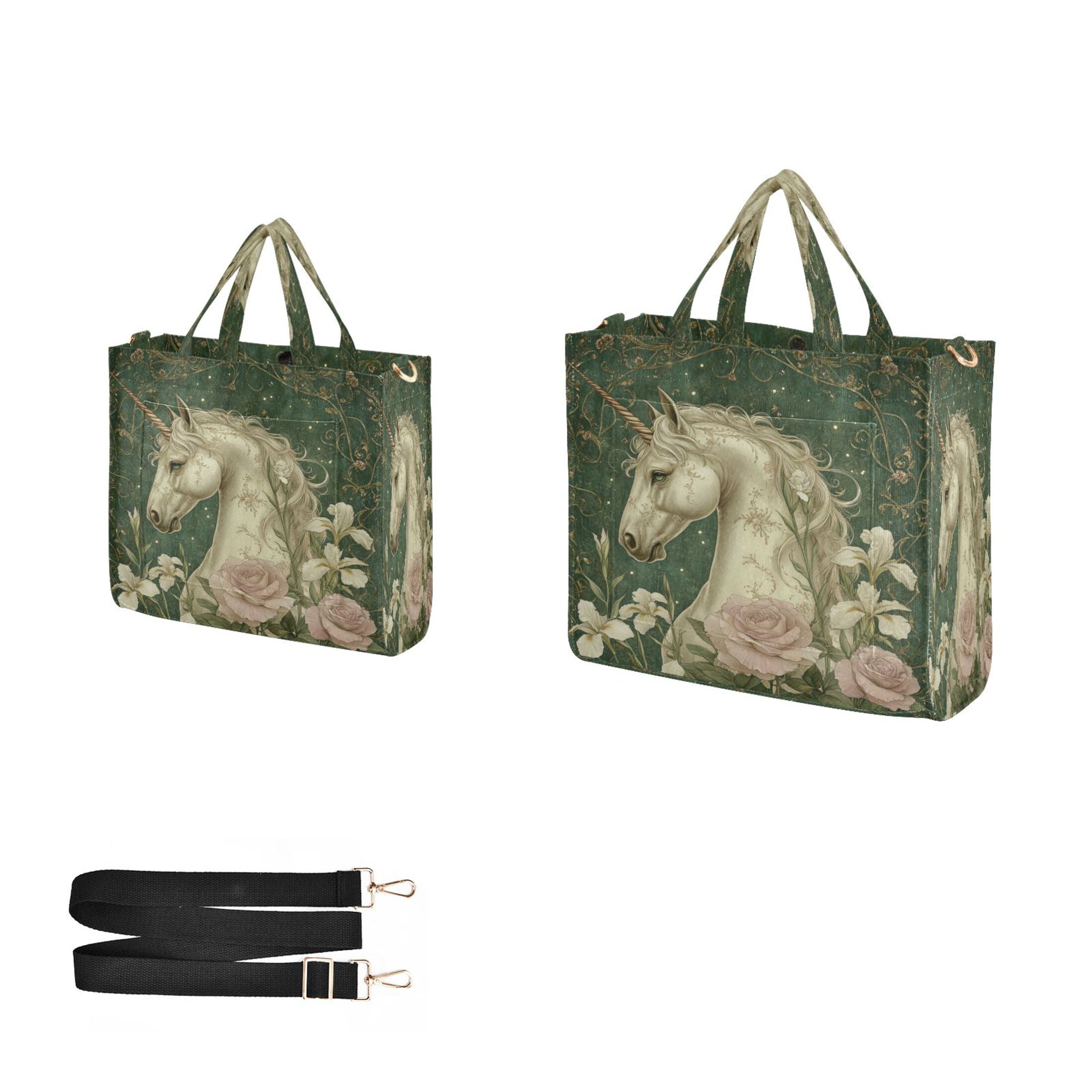 Wobogo Retro Unicorn Corduroy Tote Bag for Women Travel Crossbody Bag Purse Women Shoulder Bags Work Handbags Daily Commuter Bag 10.2×9inch