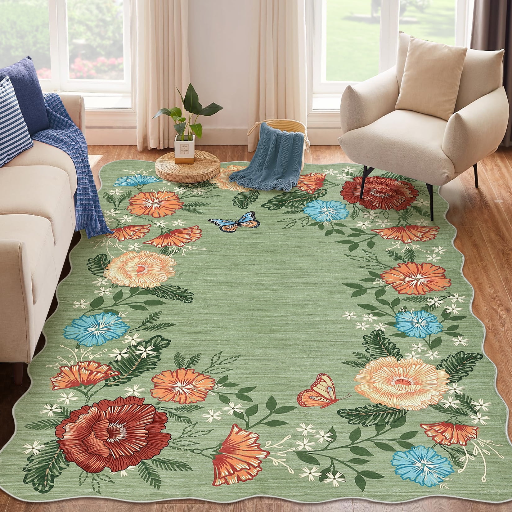 Garvee 5'x7' Floral Area Rugs, Washable Boho Rugs Ultra Soft Print Carpet, Non-Slip Low Pile Rug Stain Resistant Distressed Indoor Rugs for Living Room Bedroom Dining Room, Green