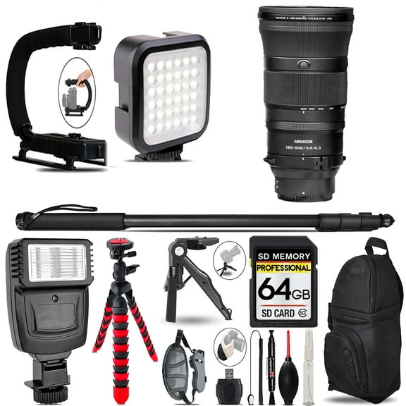 Nikon Z 180-600mm f/5.6-6.3 VR Lens   Video Kit   Slave Flash   Monopad - 64GB Accessory Bundle (International Version)