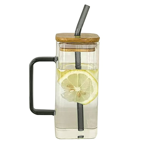 Shoreew Square Glass Tumbler with Handle And Lid 380ml Transparent Coffee Cup Portable Tea Milk Jar for Hot Cold Drinks