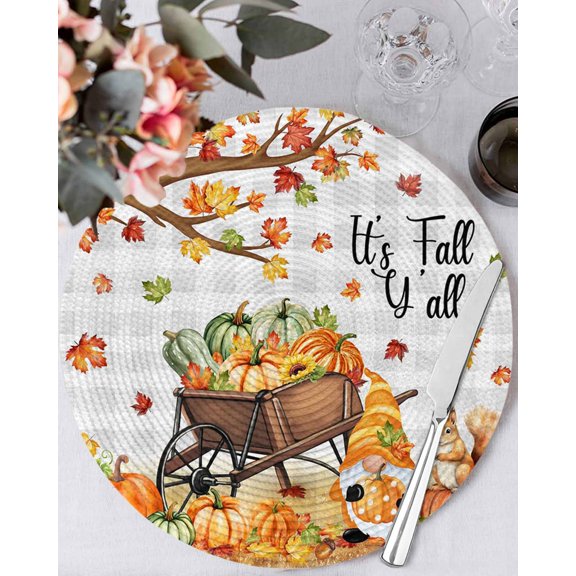15 Inch Round Placemats Set of 4, Fall Pumpkins Gnomes Non Slip Heat Insulation PP Table Mats, Thanksgiving Maple Leaves Farmhouse Plaid Washable Place Mats for Kitchen Dining Party Table Decor