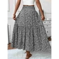 thumbnail image 6 of Women'S High Elastic Waist Midi Skirt Casual Summer Trendy Flowy Ruffle Floral Print A Line Skirts Black Flower L, 6 of 8