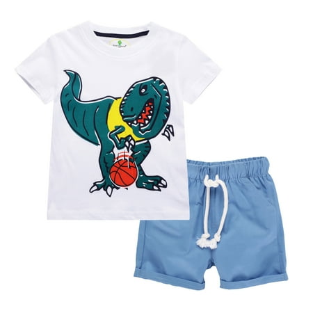 

OVTICZA Toddler Baby Boy 2 Piece Outfit Summer T Shirts and Shorts Set Cartoon Dinosaur Short Sleeve Clothing Set with Sky Blue 90 100 110 120 130 140