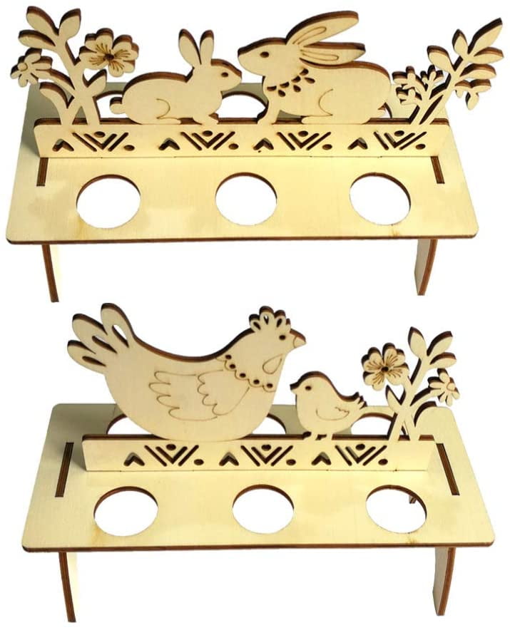 Creative Wooden Easter Egg Rack Carving Rabbit Chick Easter Egg Tray Decor DIY 