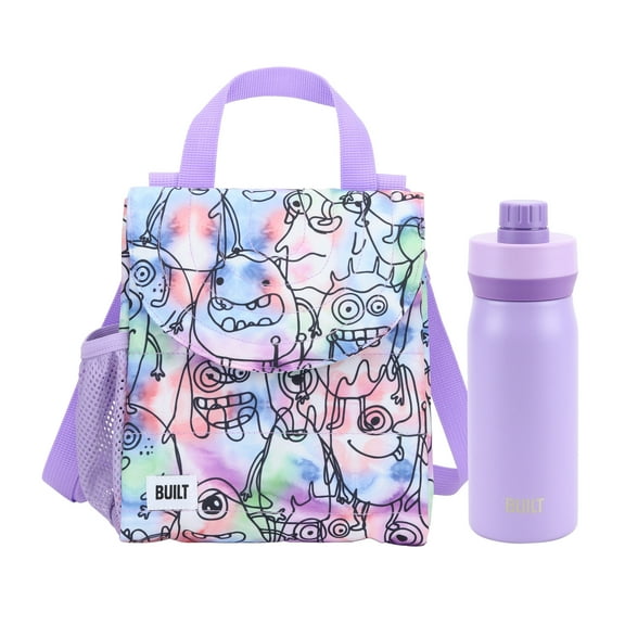 BUILT Kids Reusable Lunch Bag and 16oz Cascade Stainless Steel Water Bottle Chug Lid Bundle Purple
