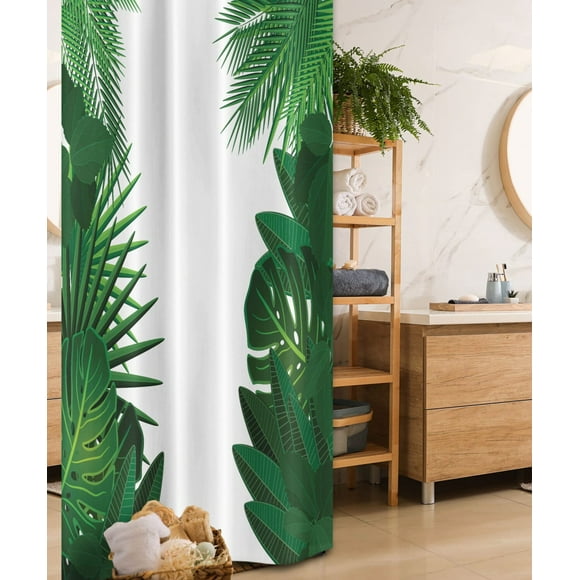 Tropical Oasis Shower Curtain - Exotic Hawaiian Palm Leaves Floral Print, Fabric Bathroom Decor Set with Hooks, 36 W x 72 L, Green and White