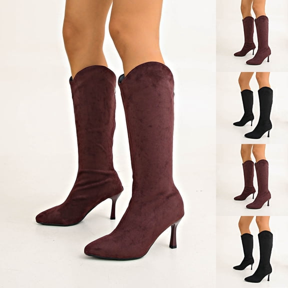 Nmnitkp Boots for Women Fashion Casual Winter Long Boots Pointed Toe Solid Color Back Zipper High Heel Knee-High Boots Coffee,36