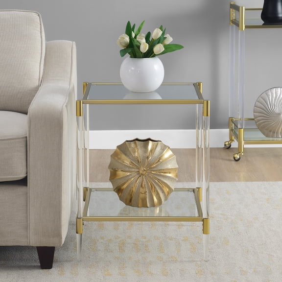 Royal Crest Two-Tier Acrylic Clear Glass Square End Table in Gold Chrome Finish