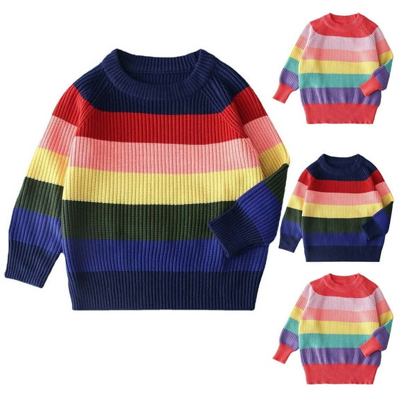 WRKEKC Kids Sweater Crewneck Striped Ribbed Knit Thickened Pullover Long Sleeve Colorful Cozy Top for 12 Months - 6 Years Boys Girls Fall Winter
