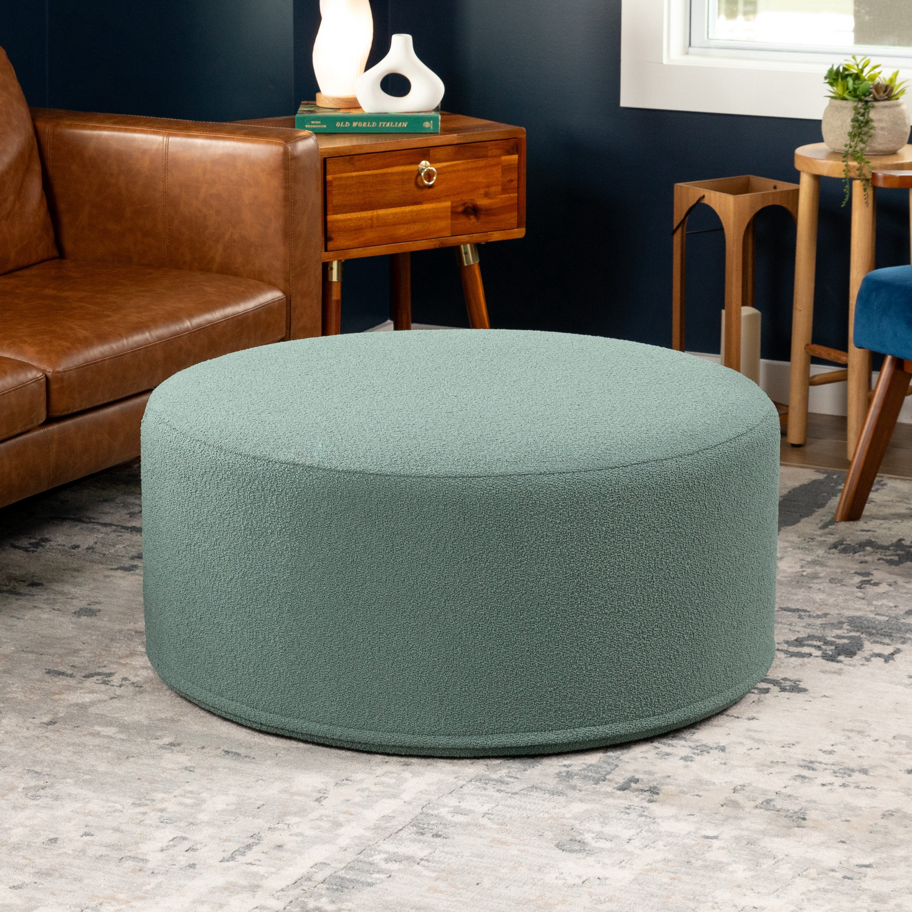 Jaxx Candler Round Coffee Table Ottoman, Large, 36-Inch, Boucle Green