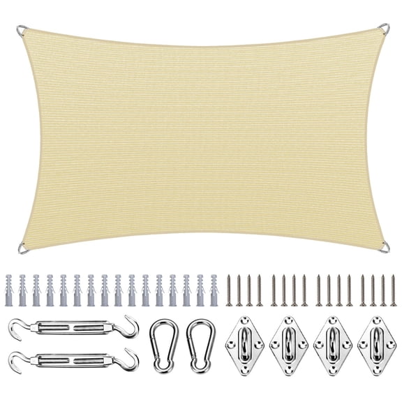 ColourTree Heavy Duty Rectangle Pro Ring Sun Shade Sail with Hardware Kit - Commercial Grade 260 GSM UPF 50 Beige Canopy, Reinforced Corners