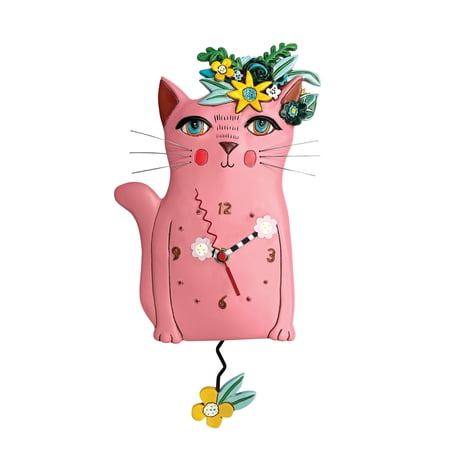 Allen Designs Pretty Kitty Pink Floral Cat Pendulum Wall Clock