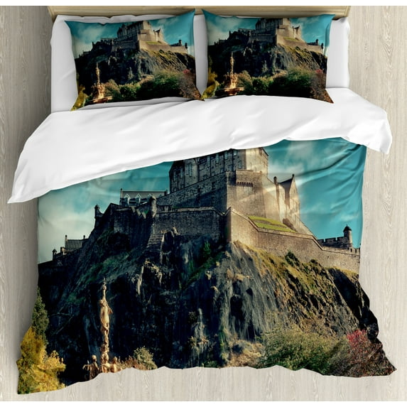 Edinburgh Duvet Cover Set King Size, European Landmark Photo with Famous Castle on Rock Cliffs with Fountain UK, Decorative 3 Piece Bedding Set with 2 Pillow Shams, Multicolor, by Ambesonne