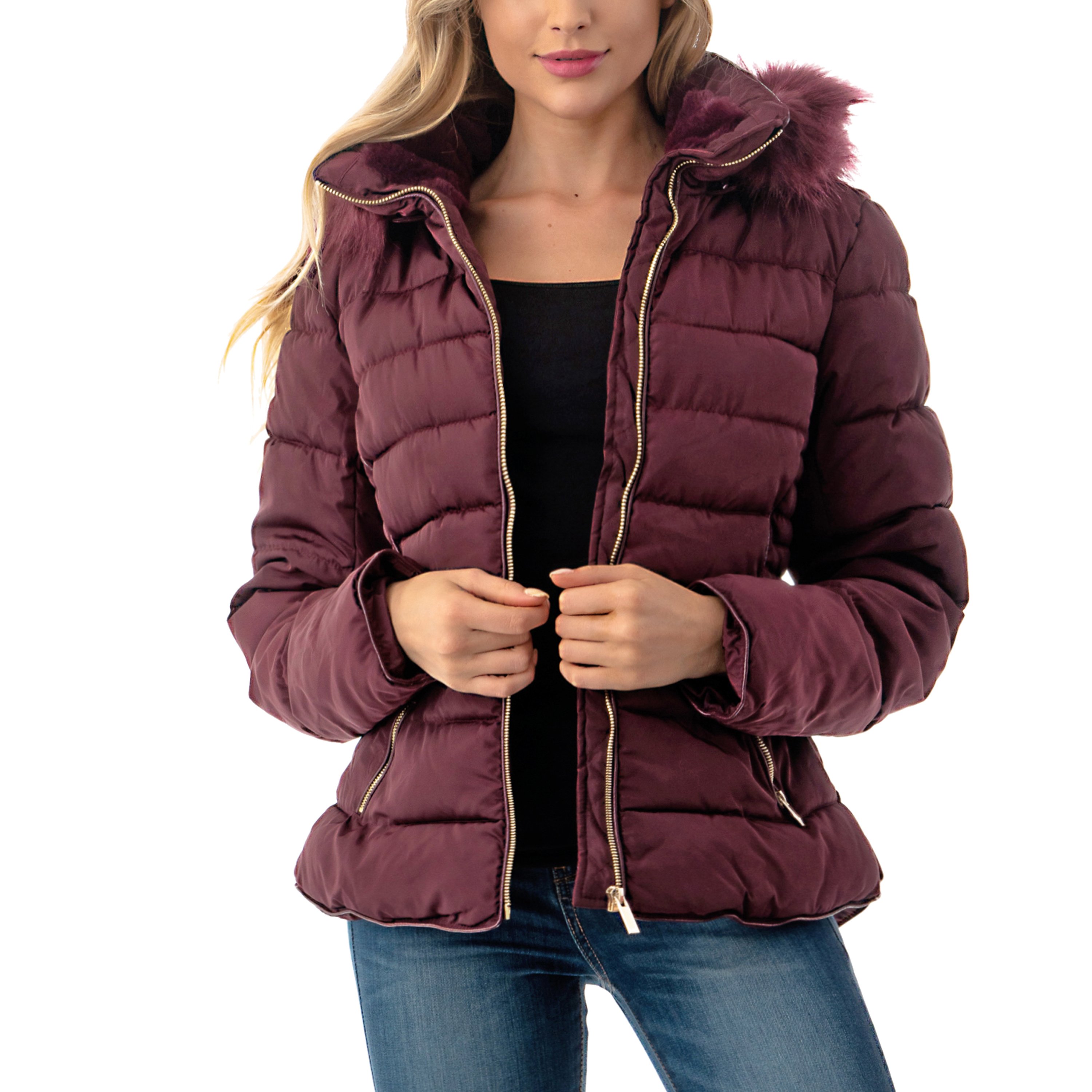 Fashionazzle Women's Short Puffer Coat with Removable Faux Fur Trim Hood Jacket - image 3 of 14