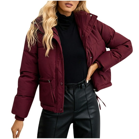 Flash Picks Olyvenn Women's Winter Stand Collar Padded Quilted Puffer Bubble Coat Zip Up Cropped Warm Outwear Jacket with Pockets Wine 8