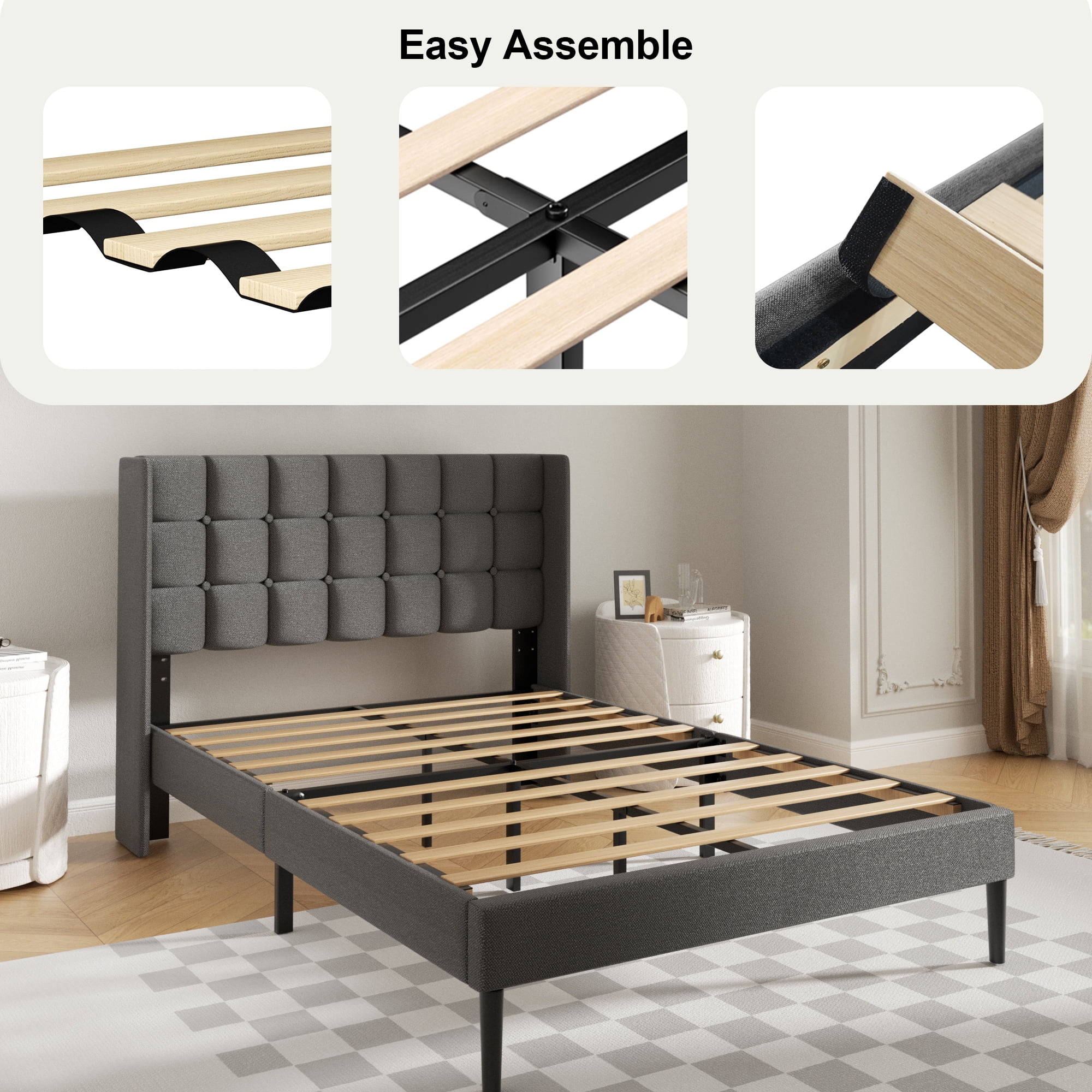 VIPLOV Queen Bed Frame , Modern Platform Bed Frame with Headboard and Upholstered Wingback, Easy Assembly,Dark Gray