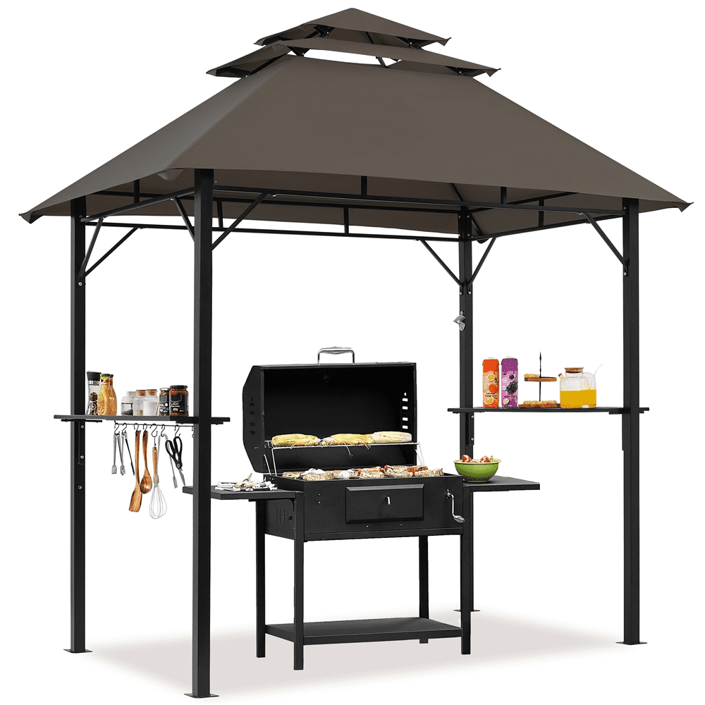 Alden Design 8*5 FT Grill BBQ Gazebo with Height-adjustable Shelves & 10 S-shaped Hooks for Outdoor, Brown
