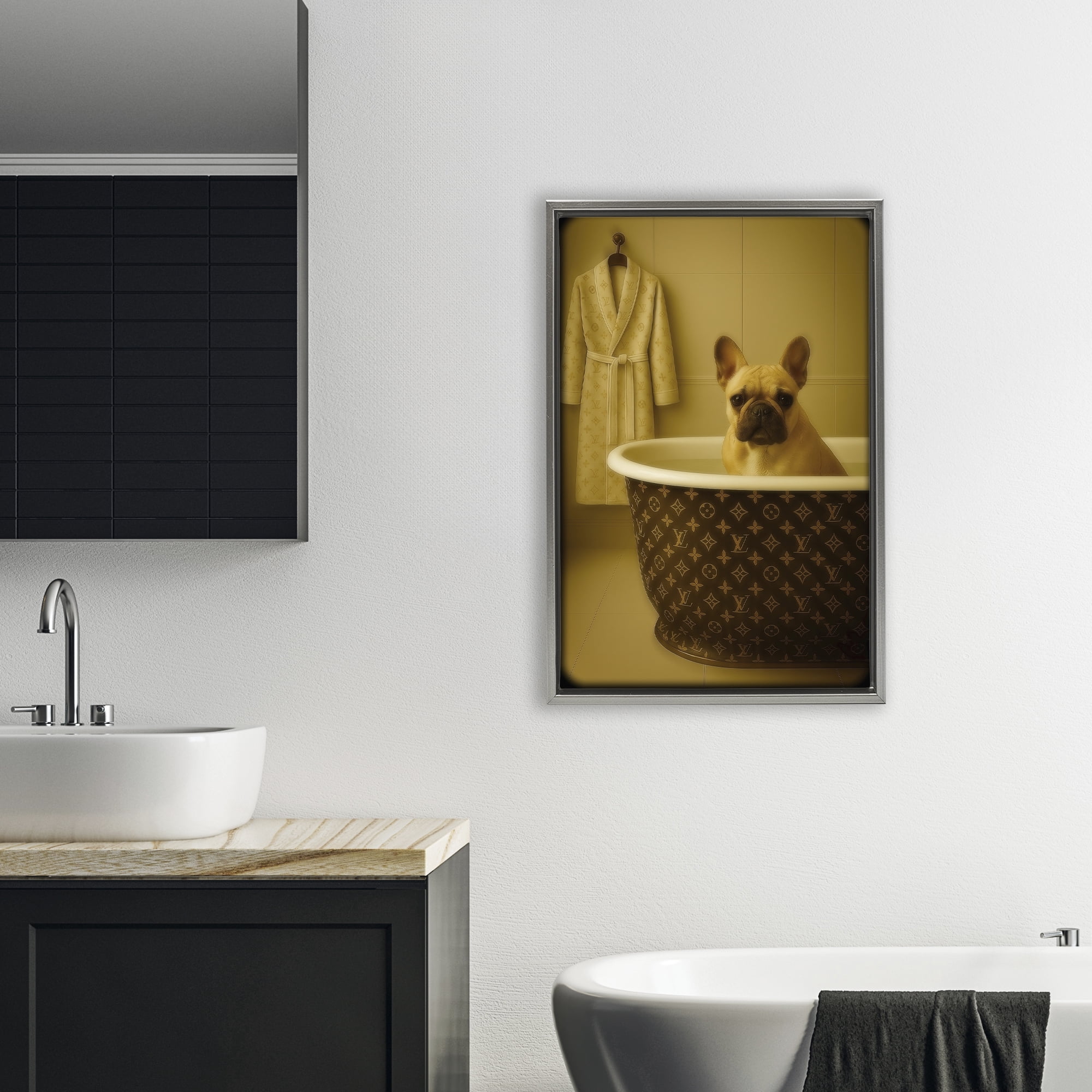 Stupell Industries Couture French Bulldog in Luxury Tub Gray Framed Floater Canvas Wall Art, design by Grotto Studios