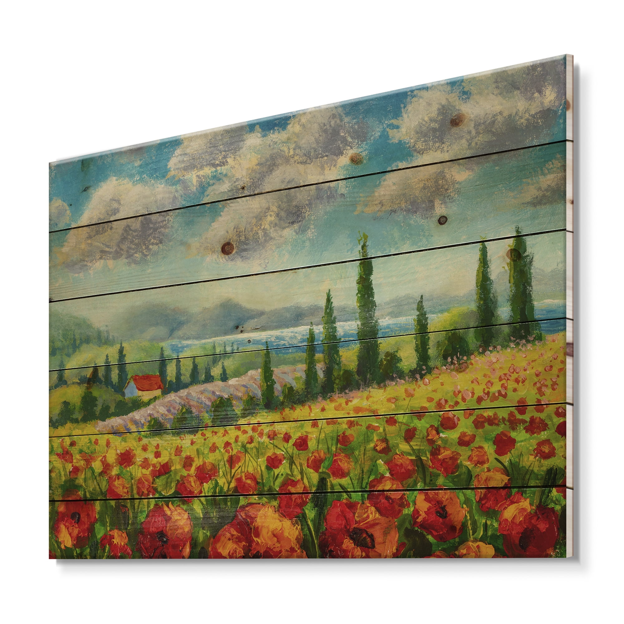 Designart 'Beautiful Landscape With Poppies Flowers By Riverside' Traditional Print on Natural Pine Wood