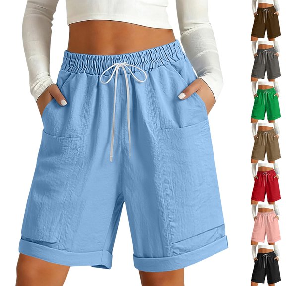 Only Moment Womens Shorts Jute Summer Casual Elastic High Waisted Wide Leg Cute Dressy 2026 Vacation Beach Clothes Swim Shorts Sky Blue,S