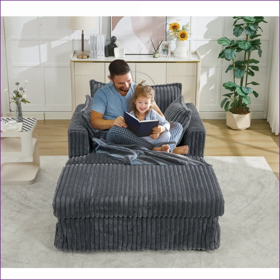 Chaise Lounge with Ottoman, 47.7'' Oversized Corduroy Deep Seat Reclining Sofa Chair, Dark Gray | Polyester | Wood