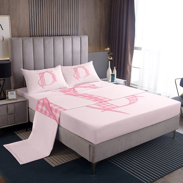 Erosebridal Initial A to Z Full Sheet Sets, Bowknot D Bedding Full Size, Cartoon Monogrammed Decor 4pcs