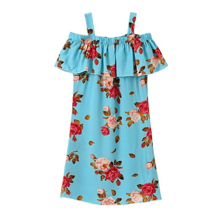 

FRSASU Clearance Toddler Kids Baby Girl Summer Vacation Dress Suspender Skirt Floral Dress Sky Blue 9-10 Years