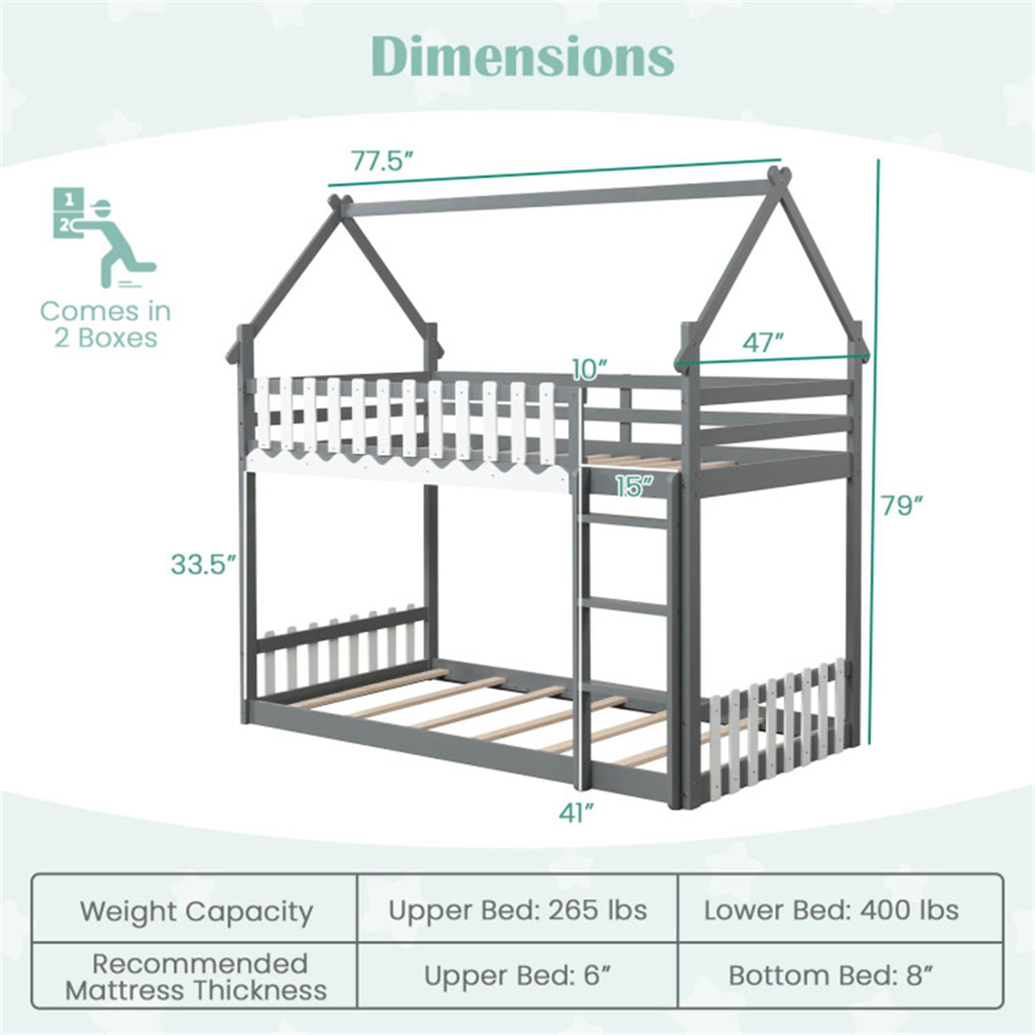 Demi Bonn Twin Over Twin Bunk Bed with Fence and Ladder, Twin Bunk Solid Wood Low Beds, Bed Frame, Gray