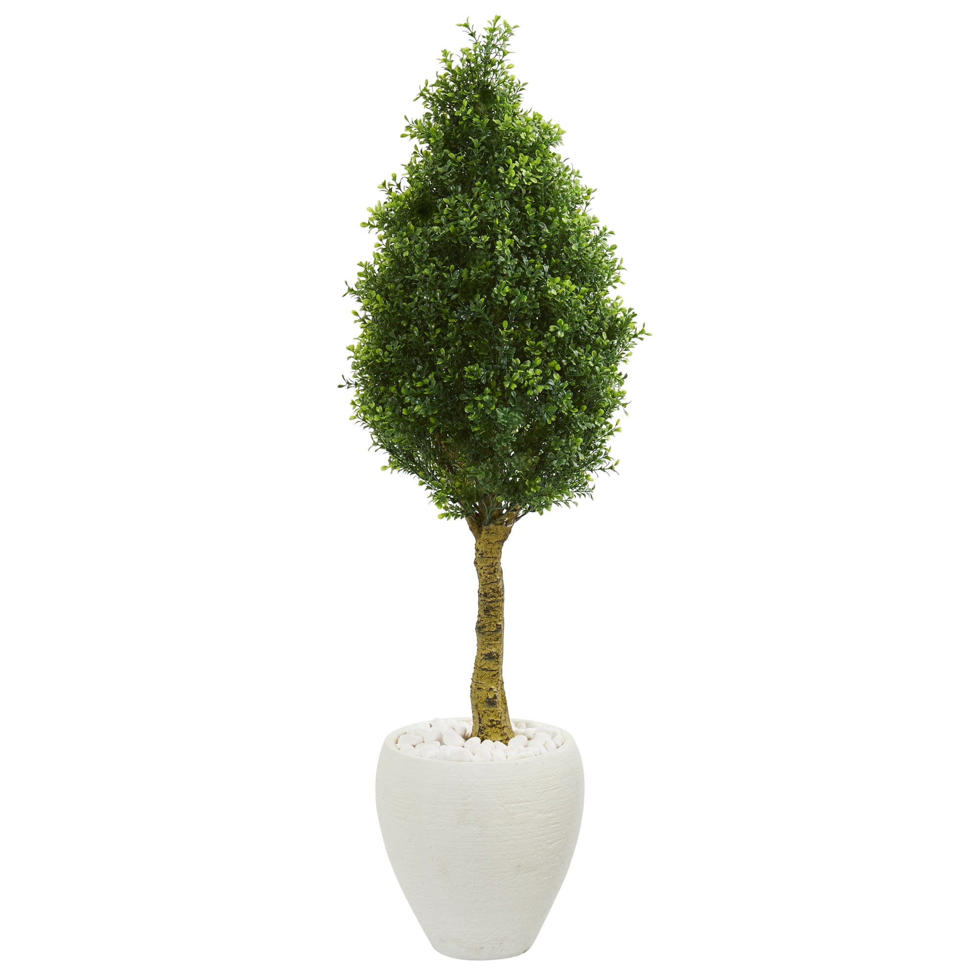 Nearly Natural 4.5 ft. Boxwood Cone Topiary Artificial Tree in White Oval Planter UV Resistant