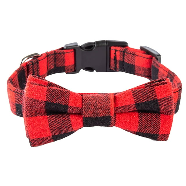 TIMIFIS dog collar pet supplies with detachable bow in a red and black plaid design. Made from durable cotton fabric, this adjustable collar features a safety buckle for secure closure. Ideal for Christmas parties, birthdays, and everyday wear, adding charm to your pet's look.
