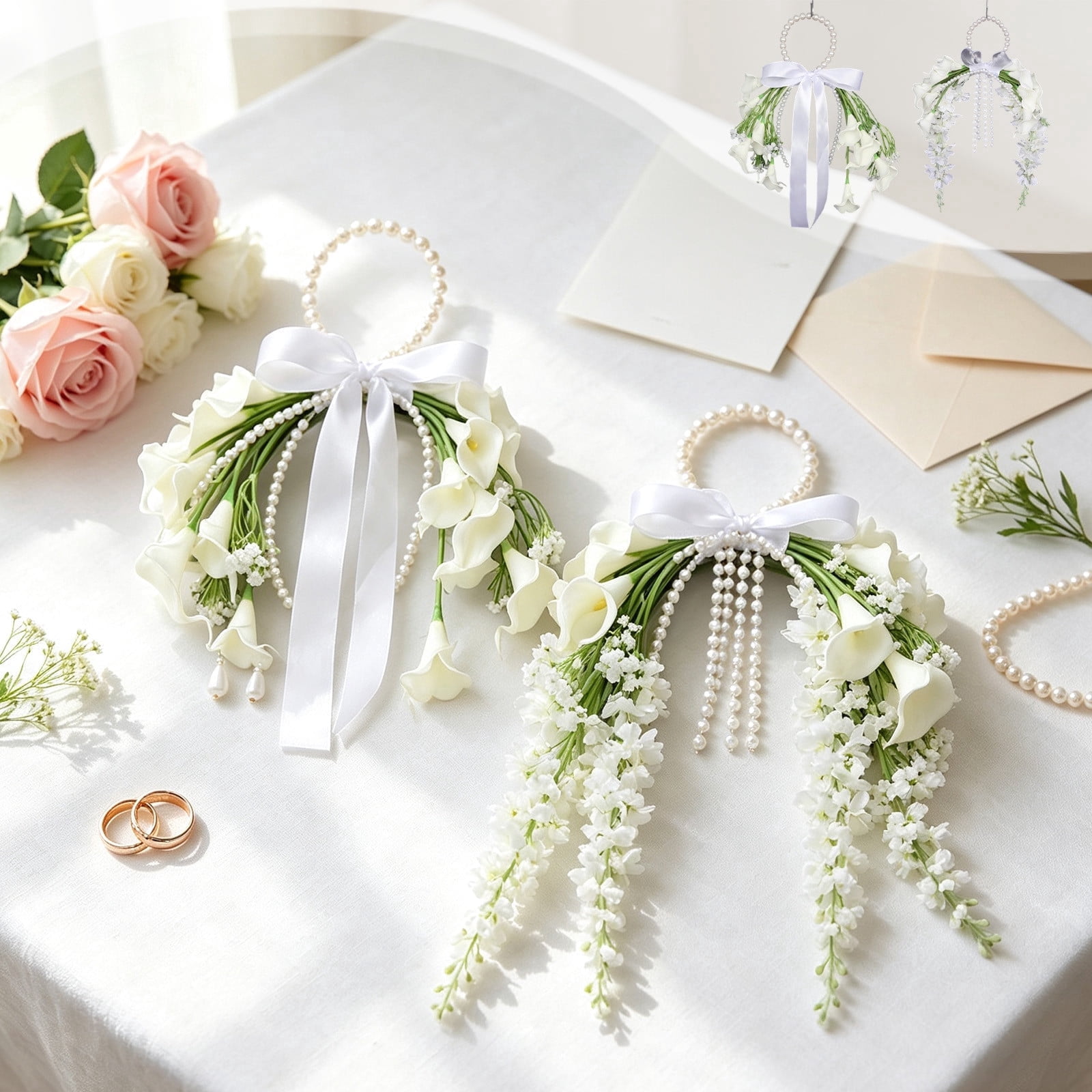 Artificial Calla Lily and Tulip Cascading Wedding Bouquet with Pearl Handle and Satin Bow for Bridal Photoshoot and Ceremony