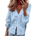 thumbnail image 3 of Jsaierl Women's Casual Solid Color Ruffle Collar Long Sleeve Ruffle Shirt Blouse V Neck Peasant Sleeve Button Down Shirt Tops, 3 of 9