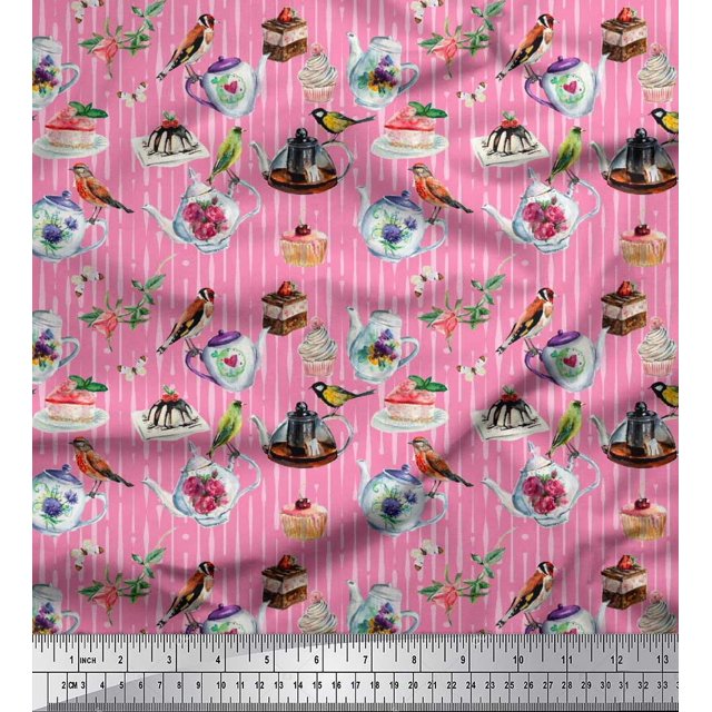 Soimoi Polyester Crepe Fabric Bird,Tea Kettle & Cupcake Food Print Fabric by Yard 42 Inch Wide