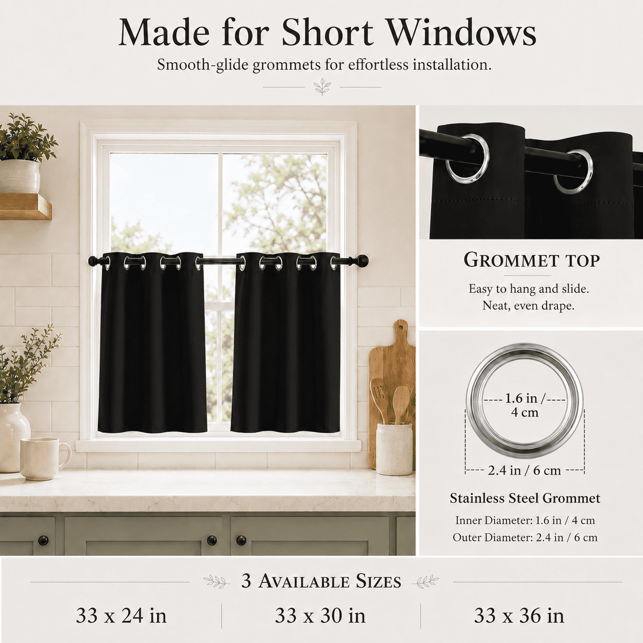 Lapalife 2 Panel Blackout Kitchen Curtains, Grommet Short Window Curtains for Kitchen Bathroom Cafe, Black, 33"x 30"
