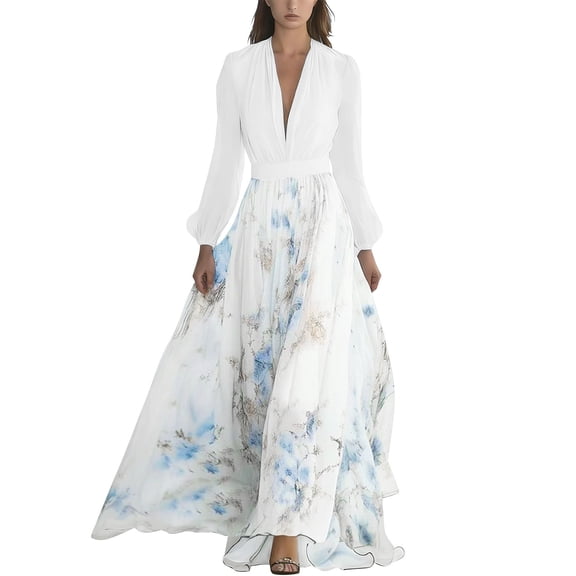 Ecqkame Women's Boho Long Dresses Empire Waist Flowy V Neck Long Sleeve Dress Casual Loose Flower Print Lightweight Dresses White M