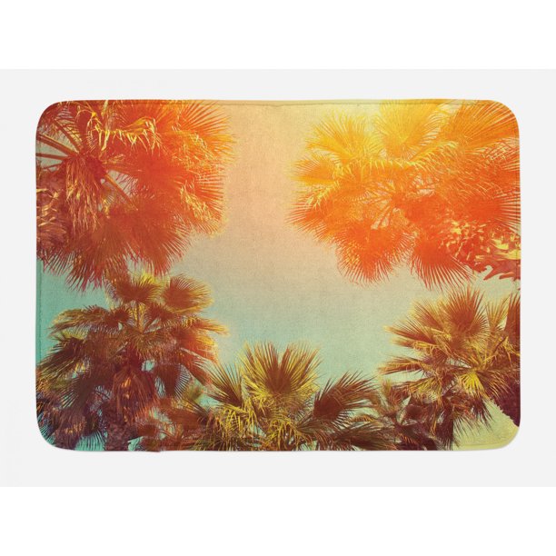 Palm Tree Bath Mat, Trees in Sunlights Tranquility in Tropical Nature