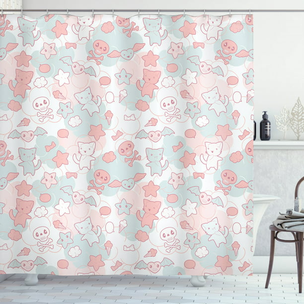 Doodle Shower Curtain Cartoon Styled, Peach Emoji Shower Curtain
